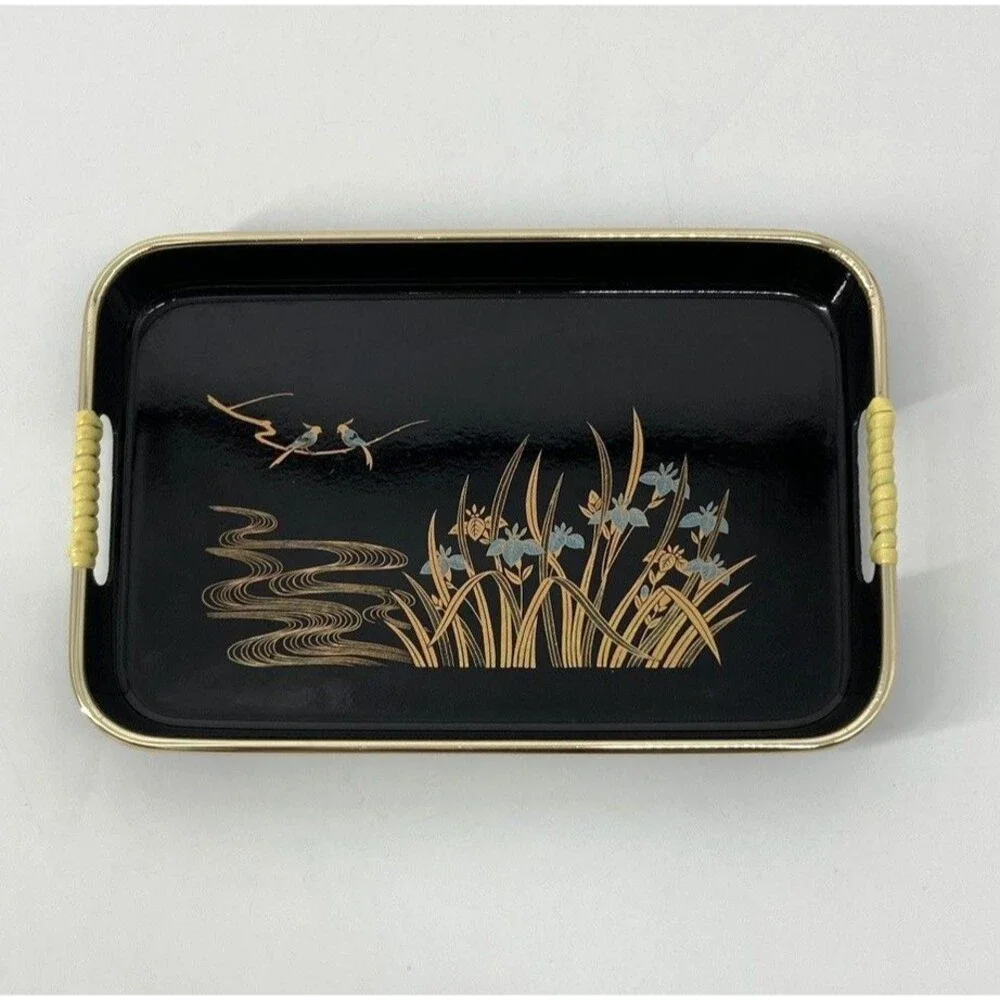 2 Set Vtg Toyo Japan Blue Iris Birds Black Lacquer Decorative Trays Gold Reeds